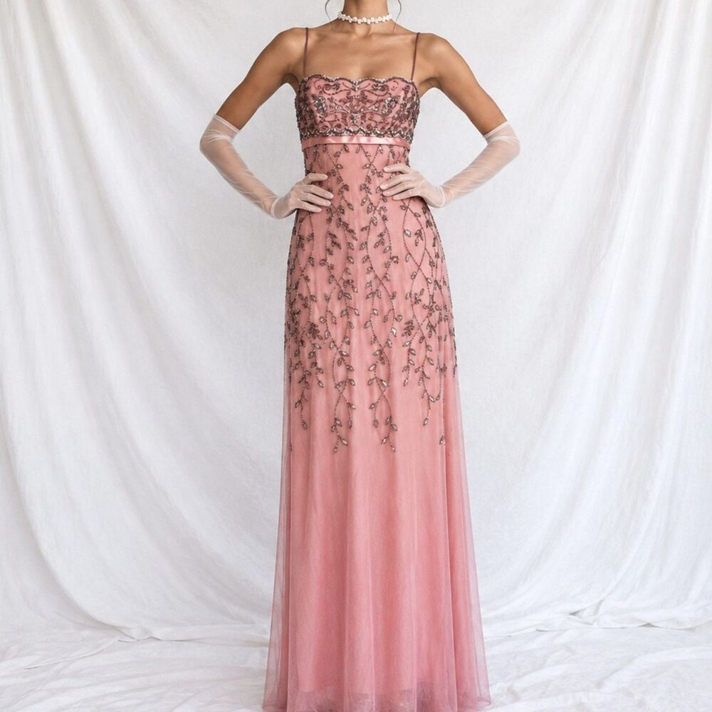 Vintage Y2K Pink Knit Bodycon Floral Beaded Mesh Maxi Prom Dress Size M/L